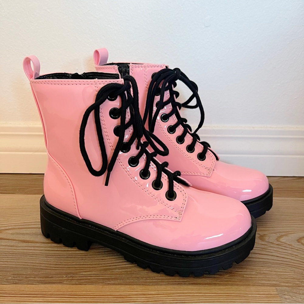 Pink Patent Lace-up Combat Boots